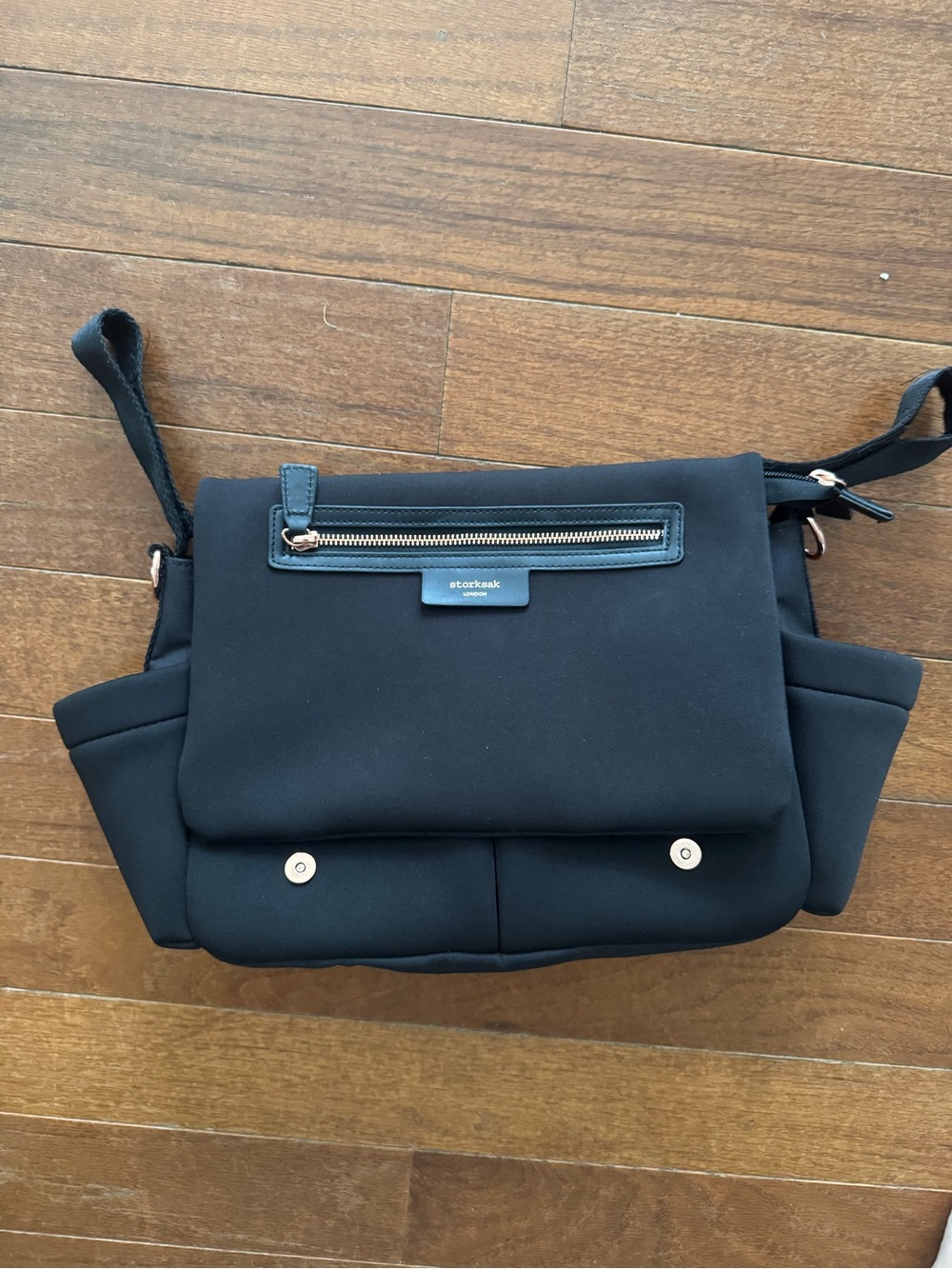 Storksak Black Scuba Stroller Bag and Cup Holder Rose Gold Hardware